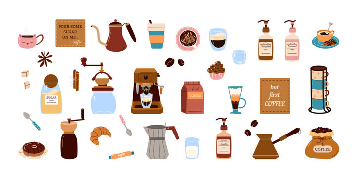 Coffee lovers element set. Coffee brewing tools, machine, bag, glass, grinder, cup, kettle, milk pitcher, beans, bakery. Collection fo cafe menu, coffee shop. Flat vector illustration