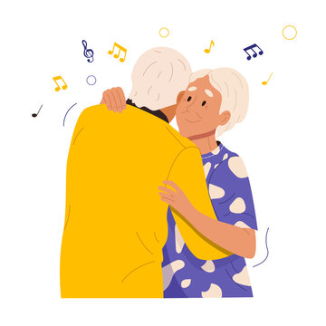 Happy elderly couple dancing embracing together. Smiling old man and woman enjoy romance and active lifestyle in retirement. Flat vector illustration isolated on white background