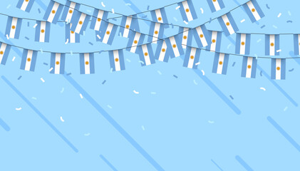 Argentina celebration bunting flags with confetti and ribbons on blue background. vector illustration.