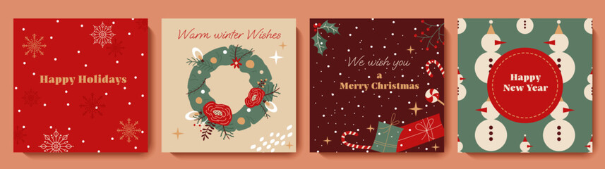 Winter holidays square card templates set. Christmas festive design for social media post, frame, postcard, banner, web advertising. Vector illustration