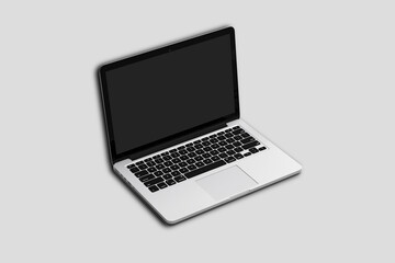 Open Laptop in corner position with blank black screen isolated on white background - mockup template. 3d rendering.
