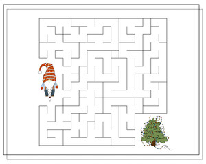 A puzzle game for kids, go through the maze. Cartoon Christmas Gnome