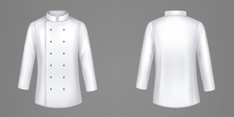 White chef jackets, cook uniform, shirt with two rows buttons and collar front and rear view. Isolated restaurant staff suit mock up, formal wear, apparel, clothes, Realistic 3d vector illustration