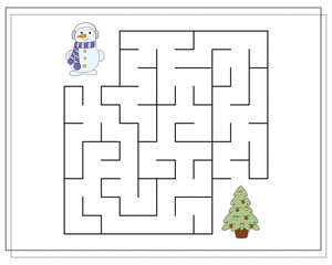 A puzzle game for kids, go through the maze. Cartoon Snowman