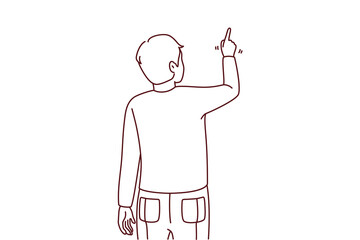 Back view of man pointing at wall with finger. Guy showing with finger on blank space. Vector illustration.