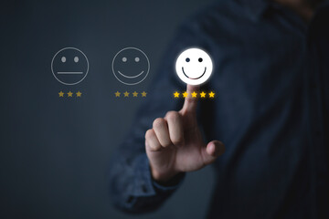 Consumers are evaluating their satisfaction with the service. Consumers write reviews about their satisfaction with a product or service. Consumers use the smiley face icon symbol and 5 stars.