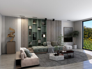 3D rendering, wooden Nordic style living room design