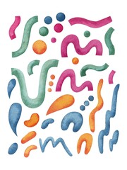 A collection of watercolor lines, spots and circles on a white background. Illustration. Bright. Art. Design. Abstraction. Geometric. Decorative. Texture. Colored. Handmade work. Set.