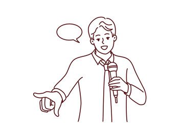 Young confident man with microphone make speech in front of audience. Smiling male speaker or coach with mic talk or make presentation. Vector illustration. 