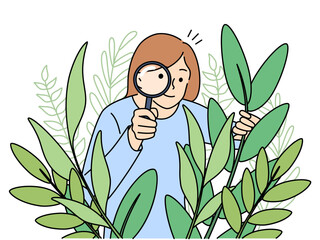 Woman botanist with magnifier look at plants - obrazy, fototapety, plakaty