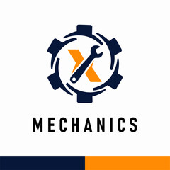 Initial X Letter with Gear and Wrench symbol for mechanic automotive repair business service logo template