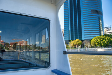 Brisbane skyline from the city river boat on a sunny day, Australia