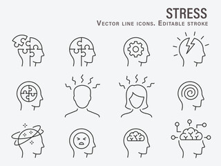 Anxiety icons, such as stress, tension, worry, mental and more. Editable stroke. - 548424901