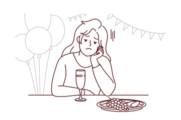 Bored young woman sit alone at party lack communication. Unhappy stressed girl feel lonely at celebration. Loneliness and solitude. Vector illustration.