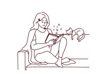 Happy young woman sit on sofa reading book with cat sleeping near. Calm relaxed girl rest on couch with novel enjoy weekend with pet. Vector illustration. 