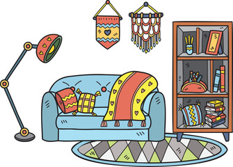 Hand Drawn couch with lamps and shelves interior room illustration