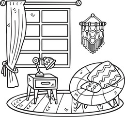 Hand Drawn armchair with lamp and window interior room illustration