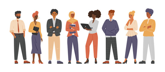 Diverse group of business people concept vector illustration. Business multinational and multiracial team. Male and female office staff of various race in casual outfit. Community of different people