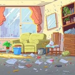 Dirty Room Interior Composition With Indoor View Of Living Room With Decorations Wall Paintings And Rubbish 2D Illustrated Illustration