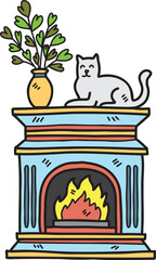 Hand Drawn Vintage fireplace with cats and plant pots illustration