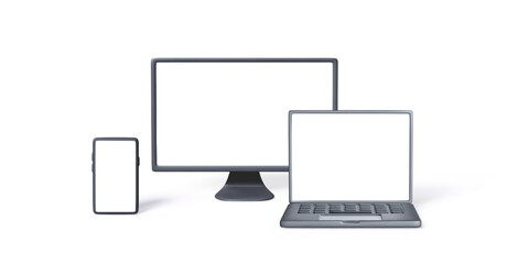 Smartphone, PC monitor, laptop template in 3D style isolated on white background. Set of Computer gadgets front view for banner design