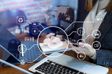 business people working and green renewable energy worker interface. Concept of sustainability ...