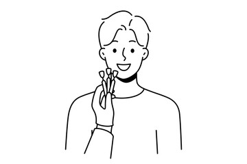 Dentists hand with veneers comparing with client teeth in clinic. Concept of tooth prosthesis and dental care. Vector illustration. 