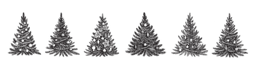 Christmas tree set, Merry Christmas and a Happy New Year. Hand drawn illustrations.	

