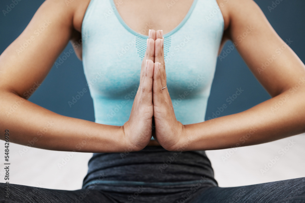 Canvas Prints Namaste, praying hands and woman doing a yoga exercise for mind, body and spiritual balance. Fitness, meditation and zen healthy lady doing a peaceful pilates workout for health, wellness and calm.