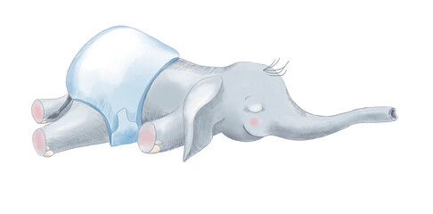 Children's illustration of a sleeping cute baby elephant.