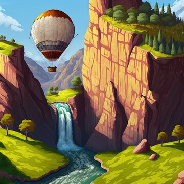 Hot Air Balloon Moored To Mountain Cave Entrance