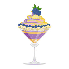 Panna cotta isolated on white background.Sweet dessert with blueberries, mint and cream in glass bowl.Cream pudding, cake, pastry or fruit parfait with fresh berries and jam layer. Vector illustration