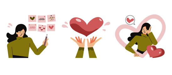 Happy people expressing confidence with heart, Concepts of self love, Care, embrace, self esteem and successful, Flat vector cartoon illustration.