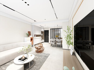 3D rendering, wooden Nordic style living room design