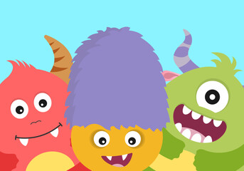 Cute monster background, banner or poster design. Cartoon character card template. Vector illustration.