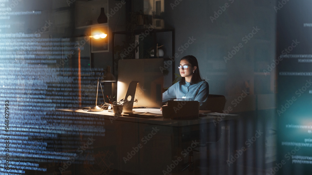 Poster business woman, computer or coding in night office for digital marketing web design, 3d database pro
