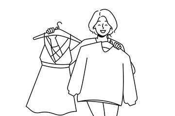 Smiling woman holding clothes on hangers choose what to wear. Happy female shopping for new clothing in mall or store. Vector illustration. 