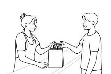 Smiling female cashier give cardboard bag to happy male customer in shop. Happy woman seller hand package to excited man client in store. Vector illustration. 