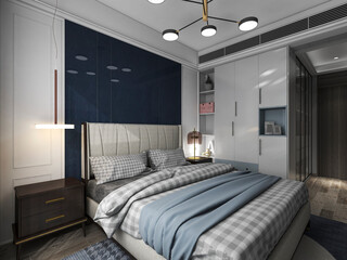 3D rendering, clean and tidy Nordic style bedroom design