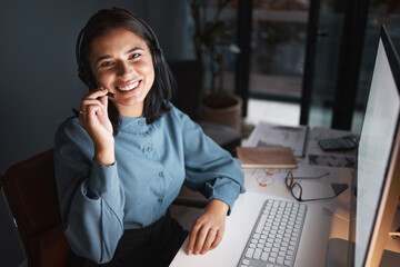Call center portrait, happy CRM or woman customer service with smile for success consulting,...