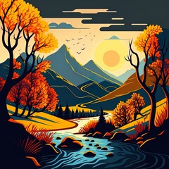 Autumn Mountains Landscape With Tree Silhouettes And River At Suncartoon Style.