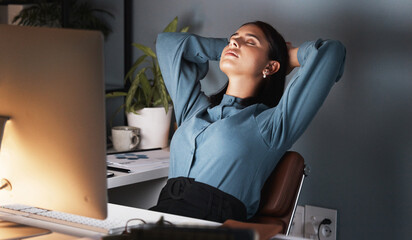 Burnout, tired or business woman sleeping on the desk in office at night taking break. Fatigue, startup employee relax with stress or mental health taking nap at workplace while working on project