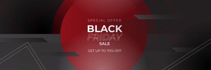 Black Friday and Cyber Monday banner long narrow header for website. 3d black and red modern design and sale text. Stock vector illustration.