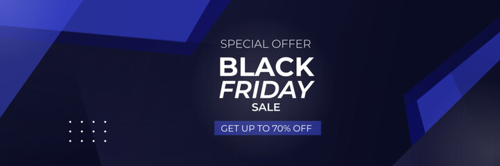 Black Friday and Cyber Monday banner long narrow header for website. 3d black and blue realistic design and sale text. Stock vector illustration.