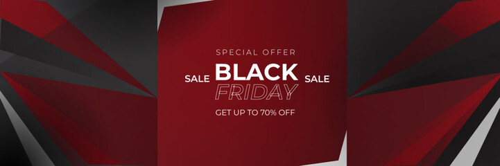 Black Friday and Cyber Monday banner long narrow header for website. 3d black and red modern design and sale text. Stock vector illustration.