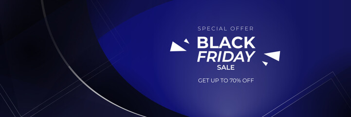 Black Friday and Cyber Monday banner long narrow header for website. 3d black and blue realistic design and sale text. Stock vector illustration.