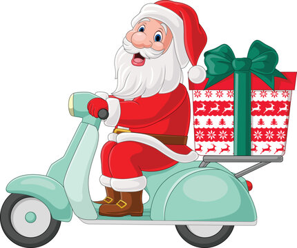 Cartoon santa claus delivering gifts on a scooter