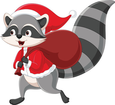 Cartoon raccoon in santa claus costume carrying a red bag