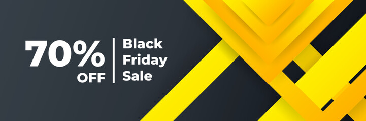 Black Friday and Cyber Monday banner long narrow header for website. 3d black and blue realistic design and sale text. Stock vector illustration.