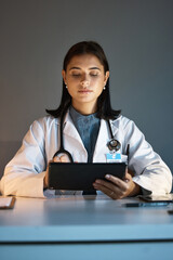 Woman, doctor or digital tablet for test result analytics, medicine night research or healthcare...